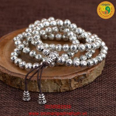 Tràng 108 hạt thần chú Om Mani Padme Hum bằng bạc Thái